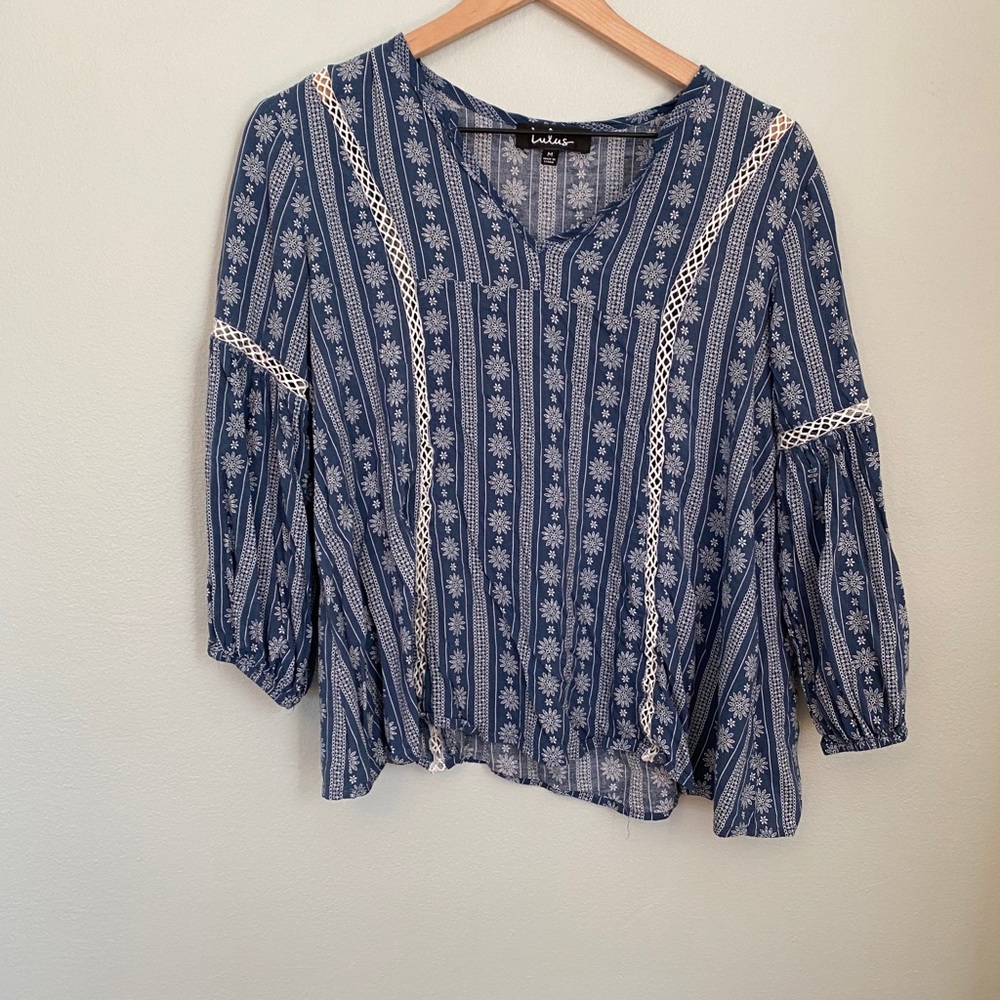 Lulus Blue Bohemian Soft Blouse Medium Lace